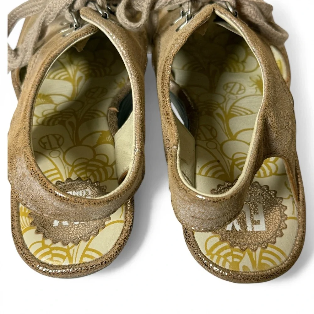 FLY LONDON Ylva Metallic Distressed Leather‎ Wedge Sandals Lace Up EU 40 Size 9